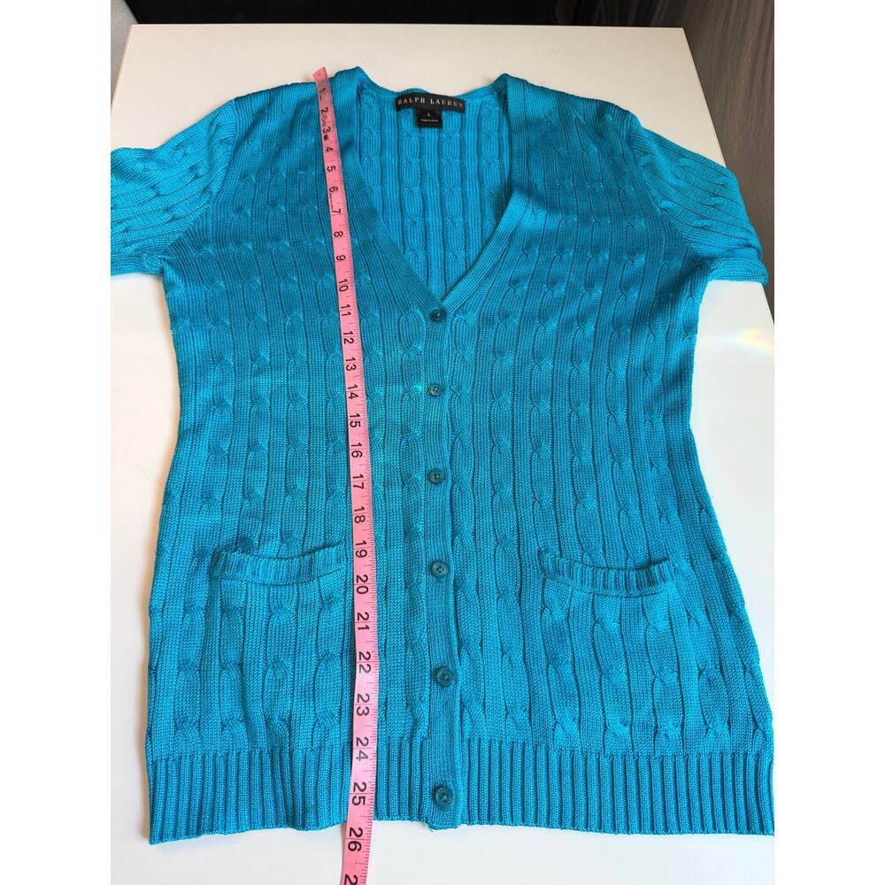 Ralph Lauren Black Label Women 100% Silk Cable knit Cardigan Sweater Size L Blue - Picture 7 of 9